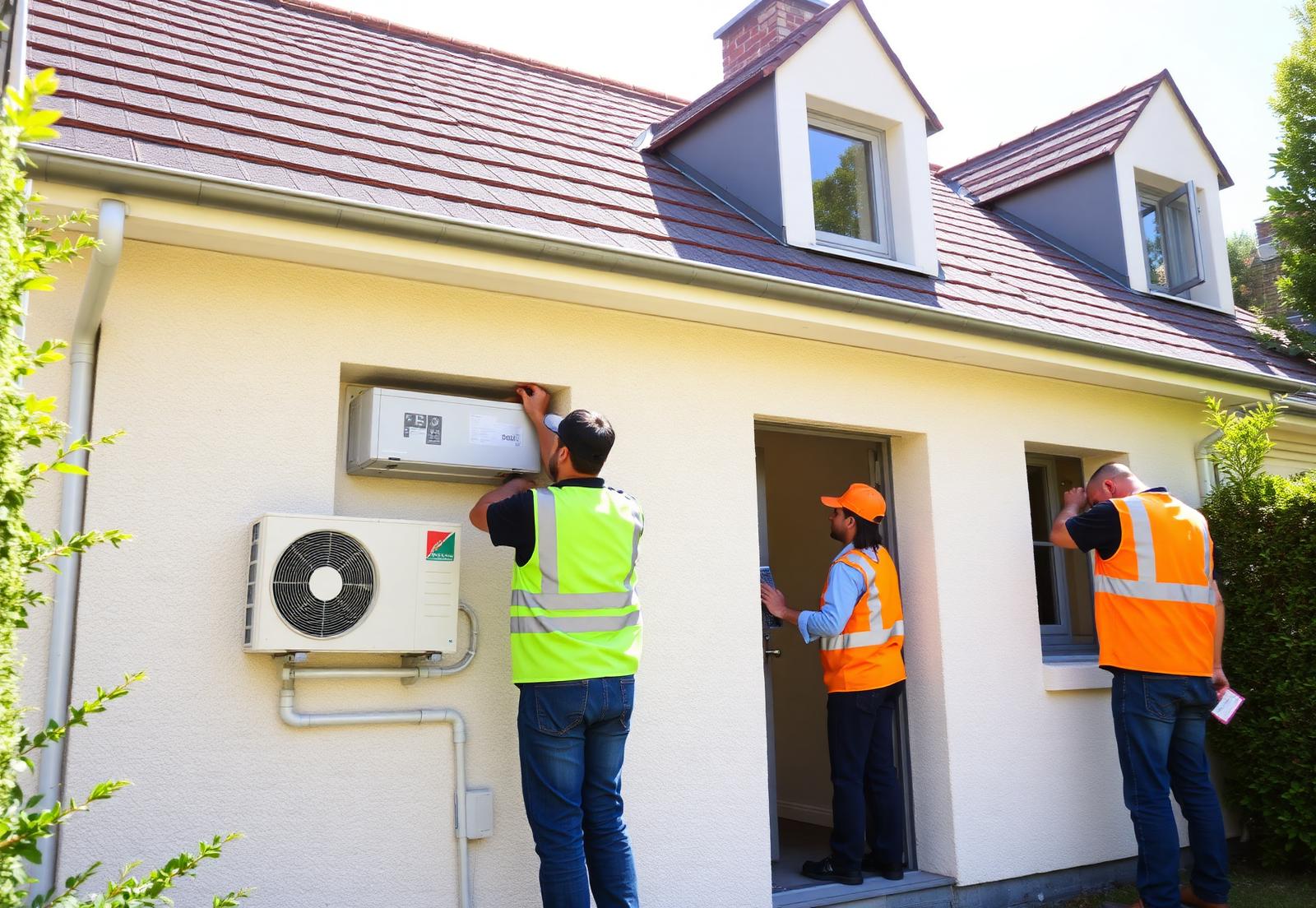 Installateurs Isole & Chauffe posant une pompe à chaleur et une isolation extérieure